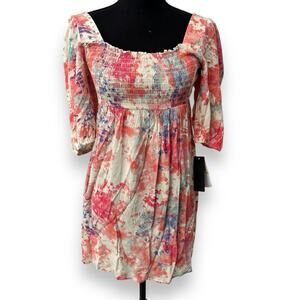 NWT City Studio Watercolor Tie Dye Smocked Square Neck Tunic Pink‎ Sz Medium new